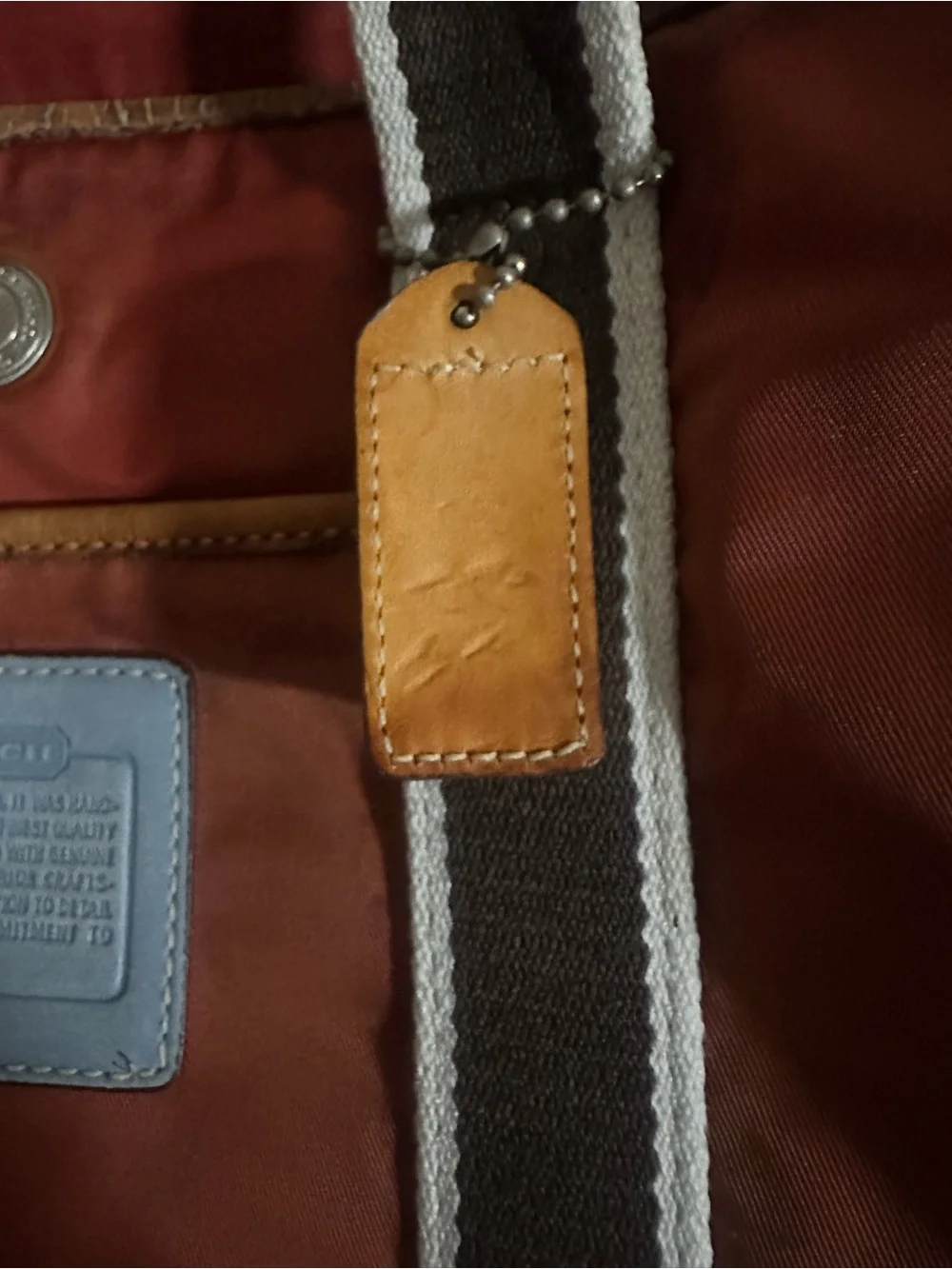 Authentic Coach Reversible Leather Hangtag Tan Light Blue with original chain
